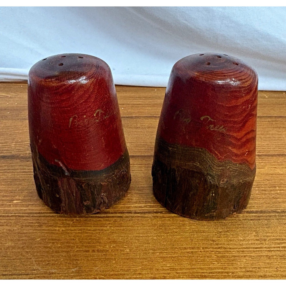 Vintage Hand carved Wood Salt & Pepper Shakers Set Red/Brown 3" w/ Stoppers